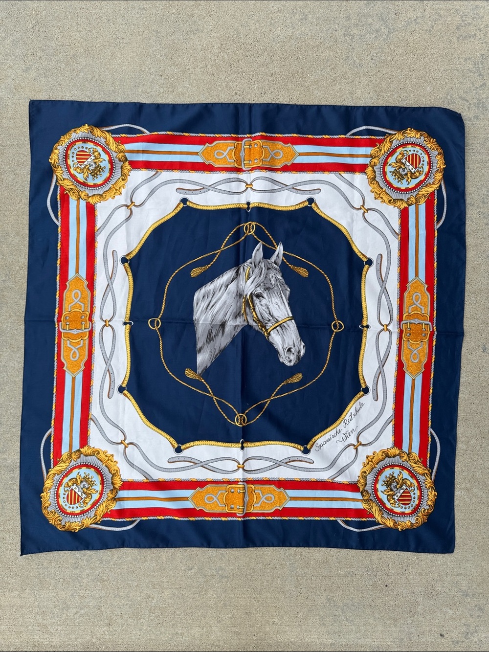 Vintage Vienna Horse Motif Silk Scarf - Navy, White, Gold, Red Stripe